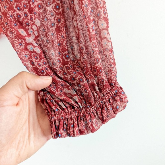 Free People Hendrix Red Floral Boho Peasant Tasseled Blouse Size XS - Picture 6 of 11